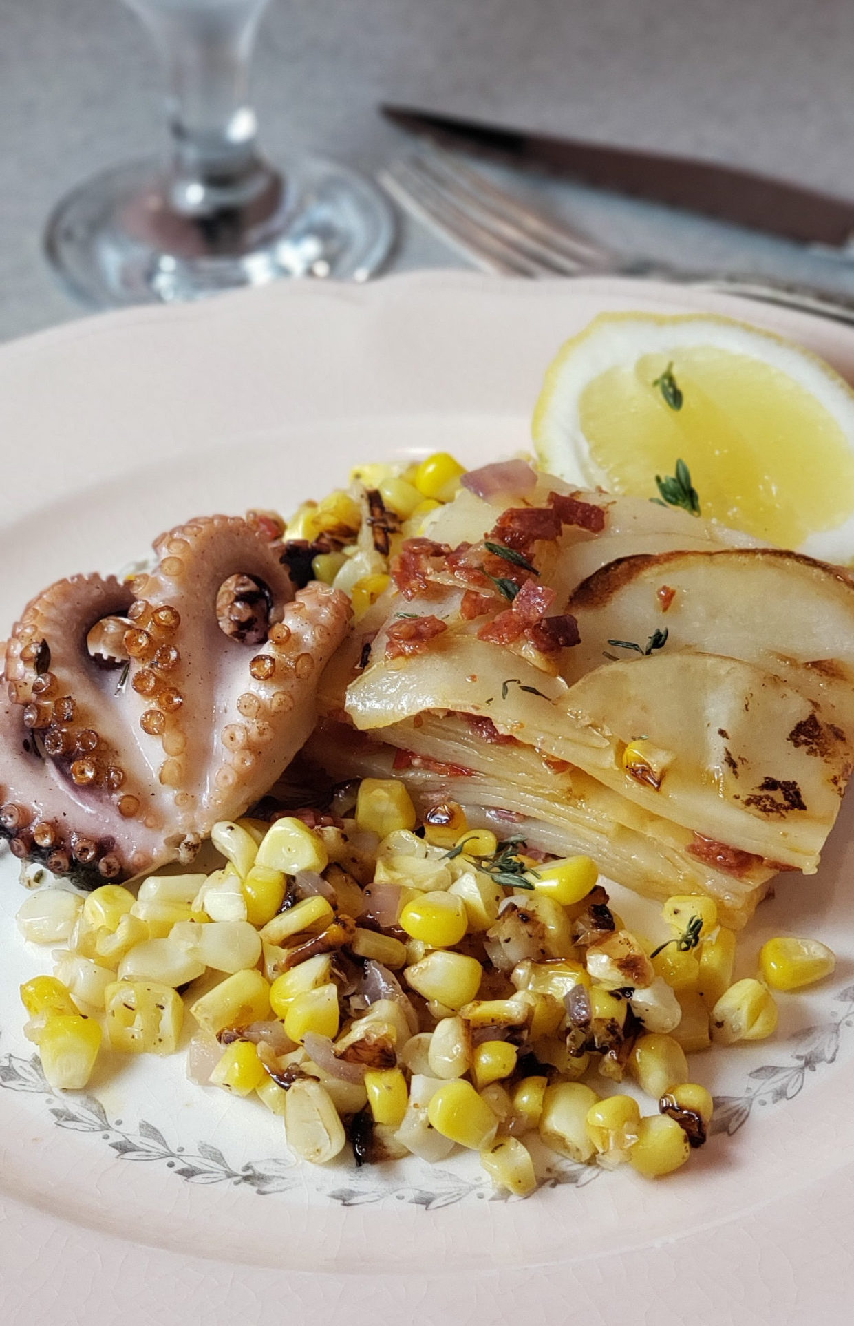 Octopus with Potatoes & Chorizo Gratin and Sweet Corn, Red Onions, and ...